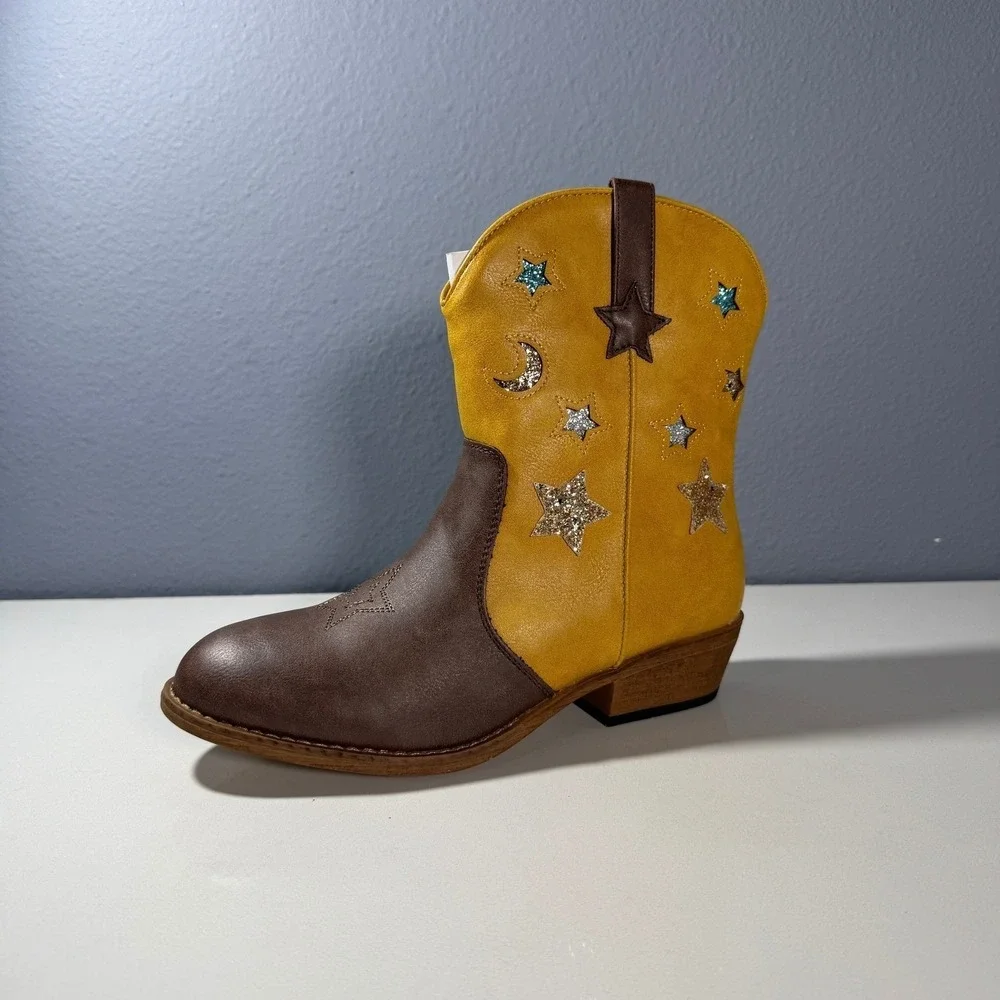 Rollda Girls Cowboy Boots Yellow Brown Stars‎ Moon Sparkle Size 4